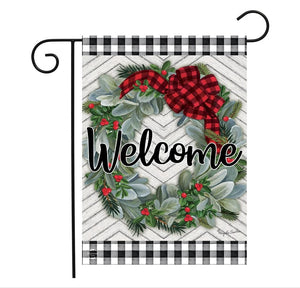 Roll over image to zoom in     Winter Wreath Welcome Garden Flag Checkered Patterned 12.5" x 18" Briarwood Lane